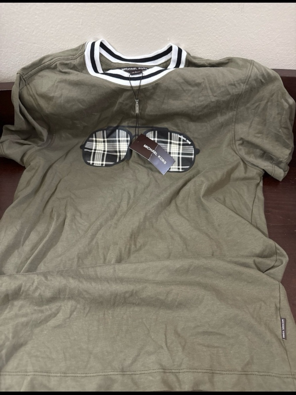 Michael Kors Olive Green Short-Sleeve Tee with Plaid Sunglasses Graphic